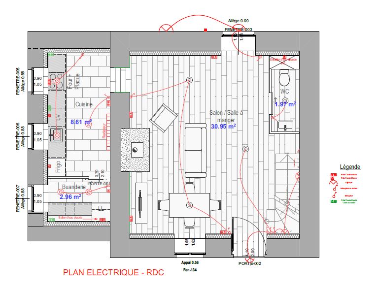 Plan électrique du rez-de-chaussée : cuisine, buanderie, séjour et WC