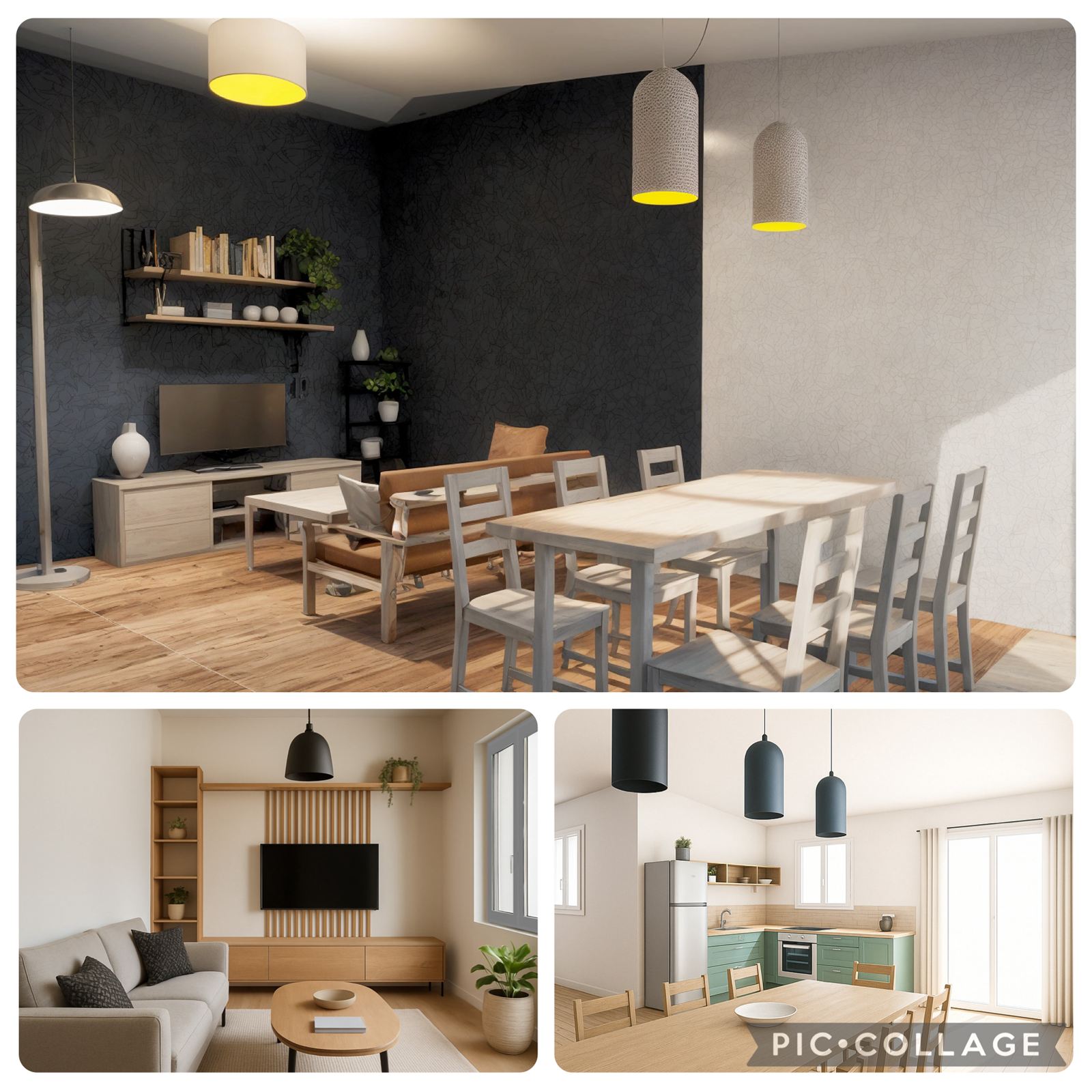 Visuels 3D d’un séjour, d’un salon et d’une cuisine aménagés