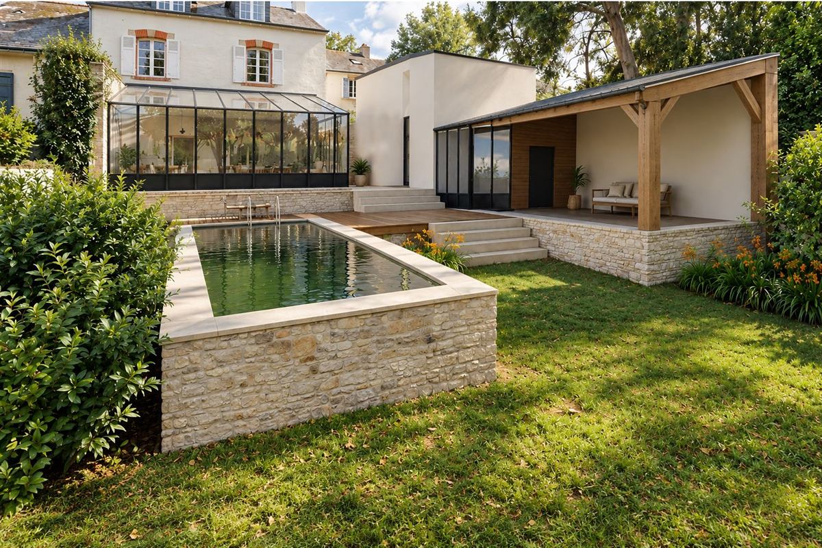 Visuel 3D : véranda, atelier avec préau et piscine en pierre, Île-aux-Moines