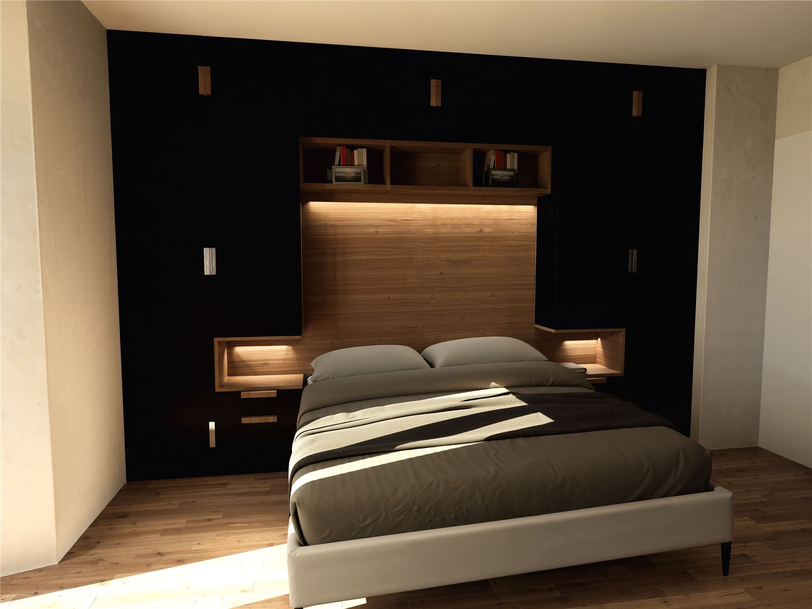 Visuel 3D d’une chambre avec tête de lit et rangements intégrés en bois
