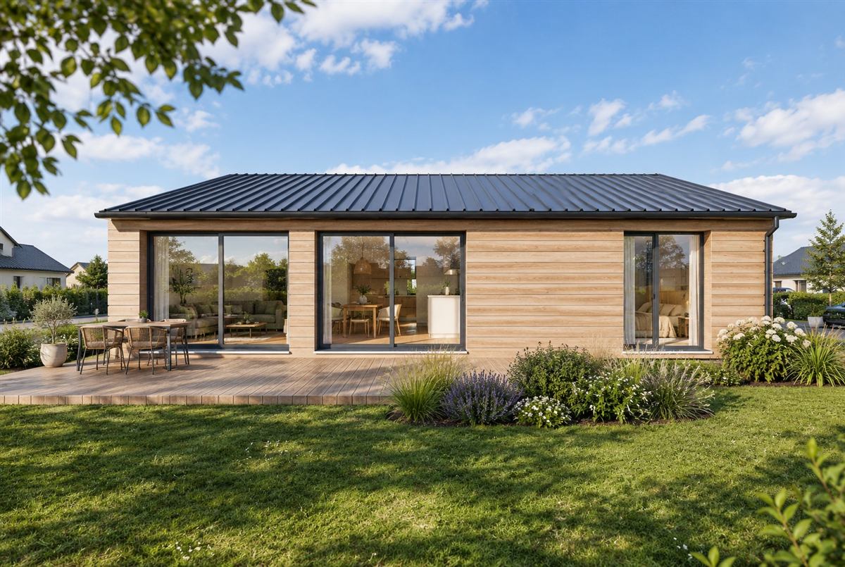 Visuel 3D : maison de plain-pied en bardage bois et toit métal, Plaudren