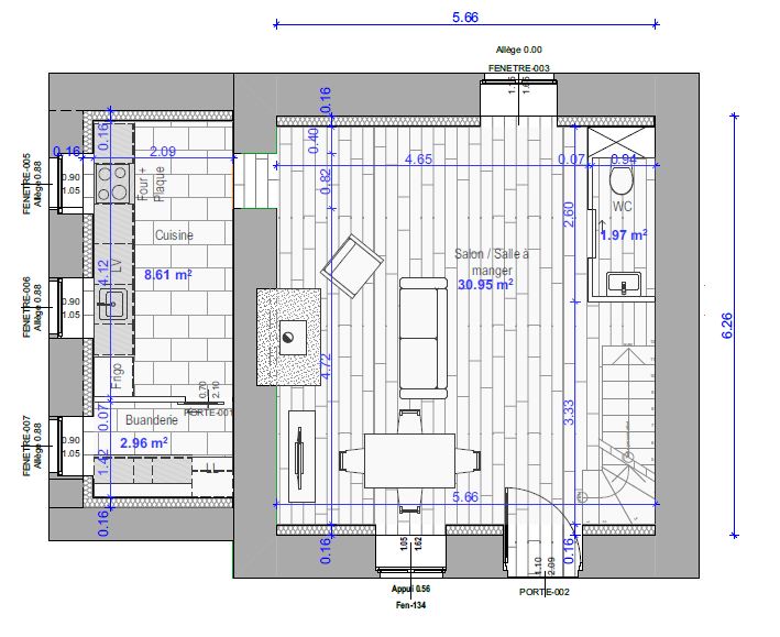 Plan 2D coté du rez-de-chaussée : cuisine, buanderie et séjour de 30,95 m²